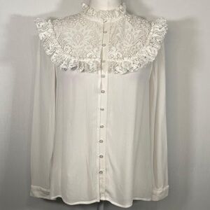 Maje White Lace Bid & Mock Neck Button Up Blouse